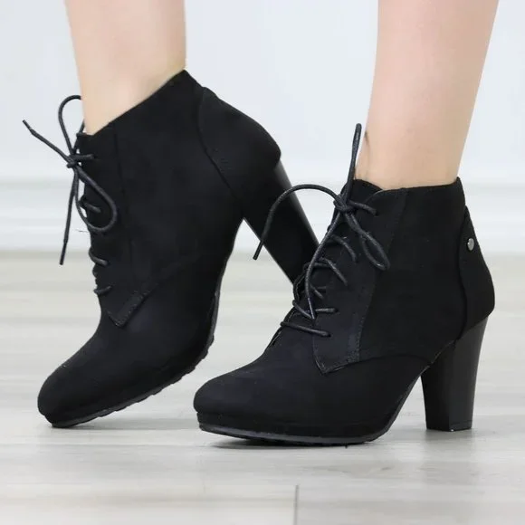 Womens Ankle Boots Lace Up Block Heel Booties Black Faux Suede - Picture 11 of 12